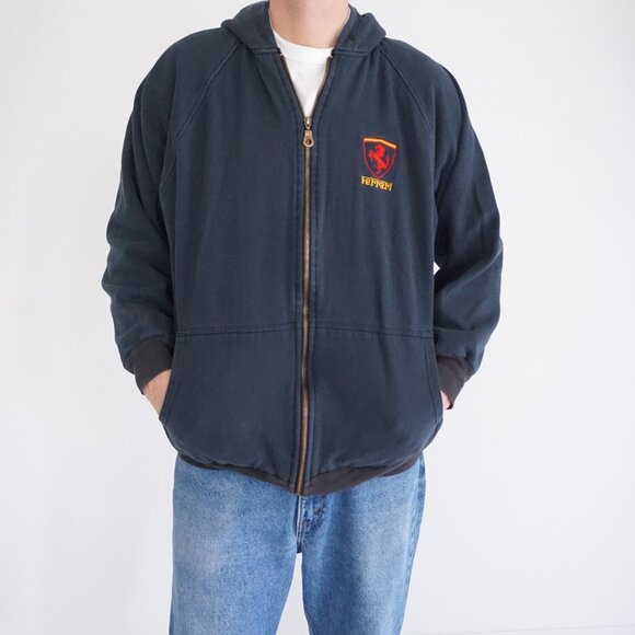 VTG '90s Sam Eer Adam Ferrari Navy Honeycomb Lined Zip Up Hoodie Sweatshirt XL - Picture 1 of 12